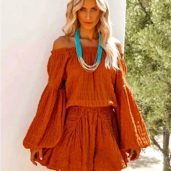 LUCCA OFF-SHOULDER RUST BOHO DRESS - Picture 2 of 7